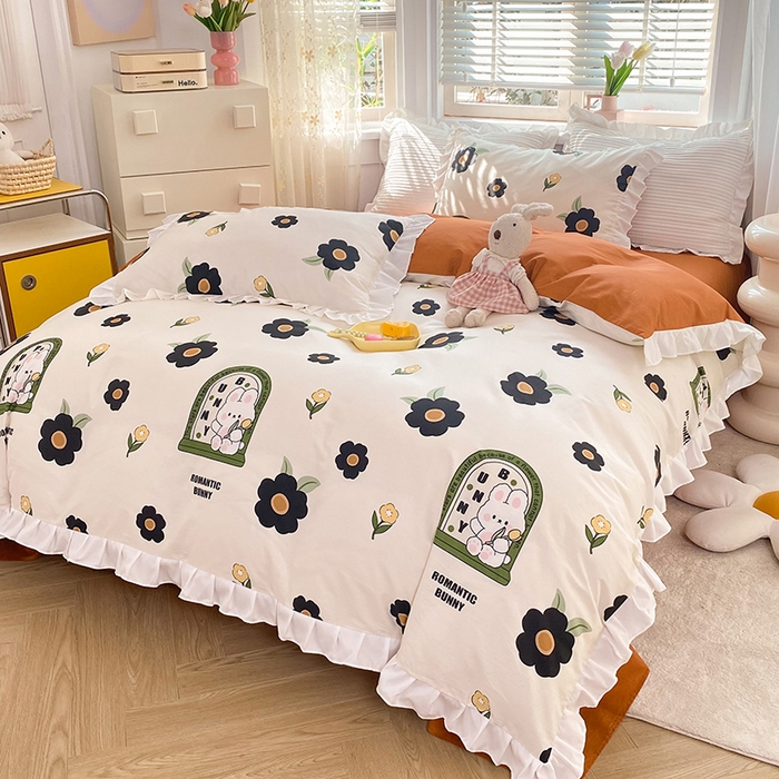 91家纺网 家纺一手货源 找家纺 2025新款公主风四件套全棉纯棉白花边被套床单款式三件套 邦尼兔