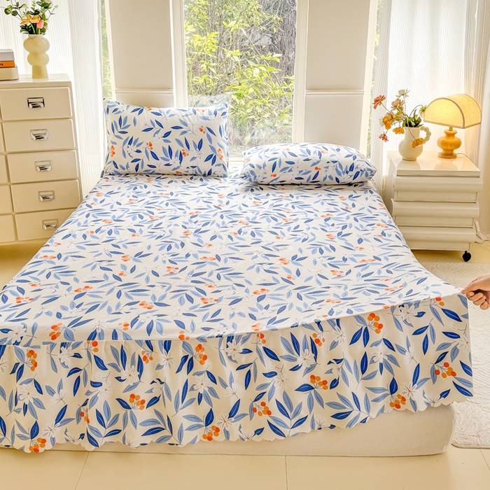 91家纺网 家纺一手货源 找家纺 莎臣豹 2025新款植物羊绒单品单件单床裙可配床裙三件套 蓝橙叶语