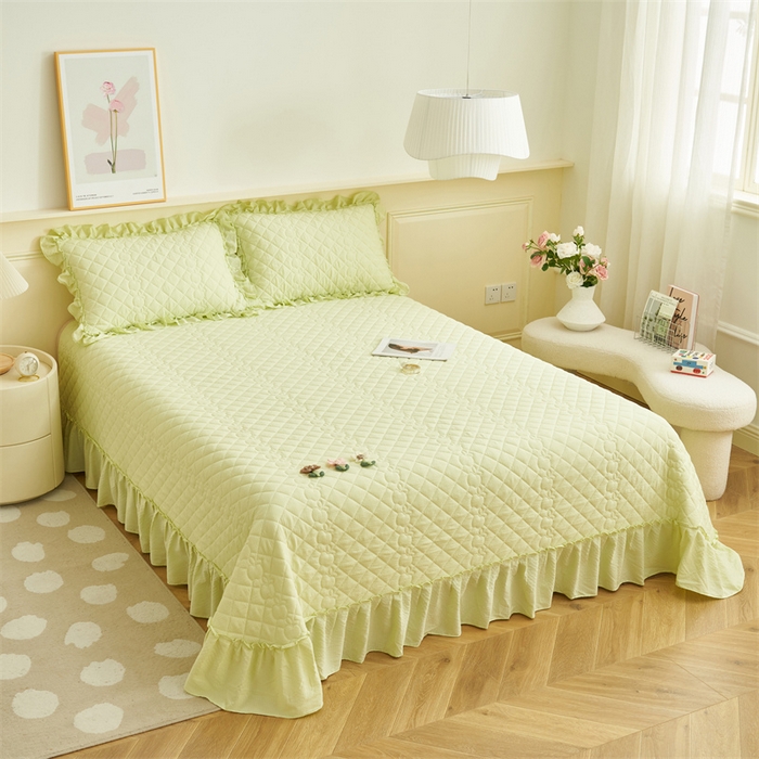 91家纺网 家纺一手货源 找家纺 恒爱家纺 2025新款A类泡泡纱床盖-杜鹃 芥末绿