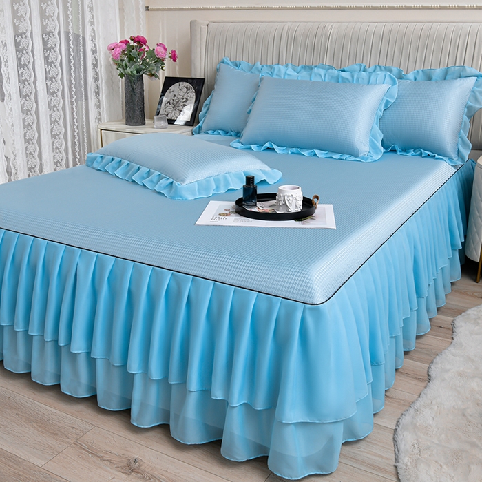 91家纺网 家纺一手货源 找家纺 家之硕家纺 2025新款冰丝凉席床裙款三件套 天空蓝