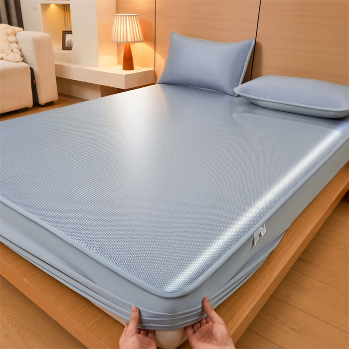 91家纺网 家纺一手货源 找家纺 2025夏季新品纯色冰藤床笠三件套凉感冰丝床笠席子单件床罩 冰藤床笠-摩登蓝