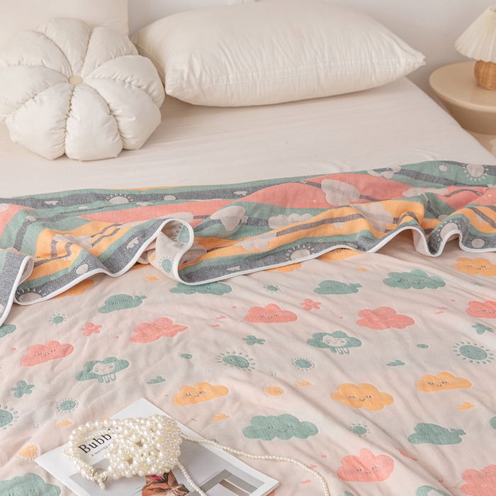 91家纺网 家纺一手货源 找家纺 乐家毛巾被（工厂自产自销） 2025春夏新款亲肤舒适六层纱布被 彩色好天气