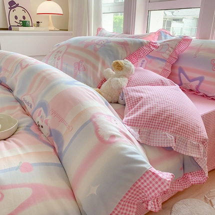 91家纺网 家纺一手货源 找家纺 2025新款公主风四件套全棉纯棉白花边被套床单款式三件套 奶油小狗
