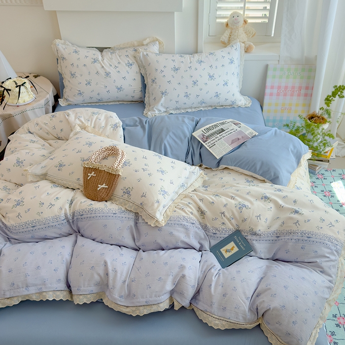 91家纺网 家纺一手货源 找家纺 竹合家纺 2025新款春日碎花法式镂空花边款式提花皱皱四件套 法式-晨曦