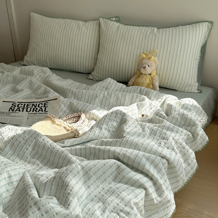 91家纺网 家纺一手货源 找家纺   曼町家居2025新款全棉水洗棉提花贝壳边夏被系列 薄荷绿