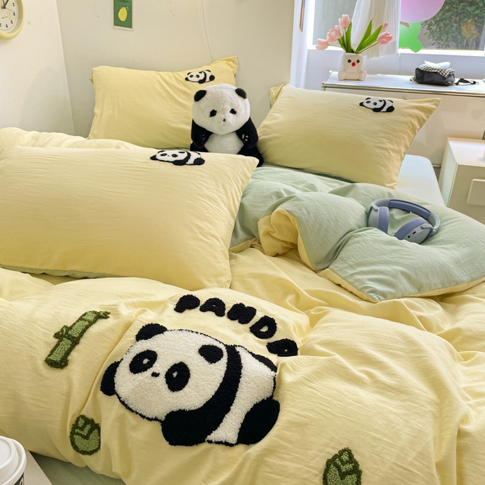 91家纺网 家纺一手货源 找家纺 优卡迪家纺馆 2025新款水洗棉毛巾绣四件套（下载文件夹包含买家秀） 淘气熊猫-黄