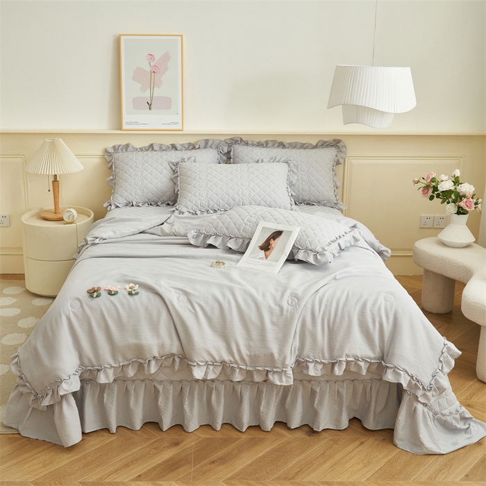 91家纺网 家纺一手货源 找家纺 恒爱家纺 2025新款A类泡泡纱床盖-杜鹃 绅士灰