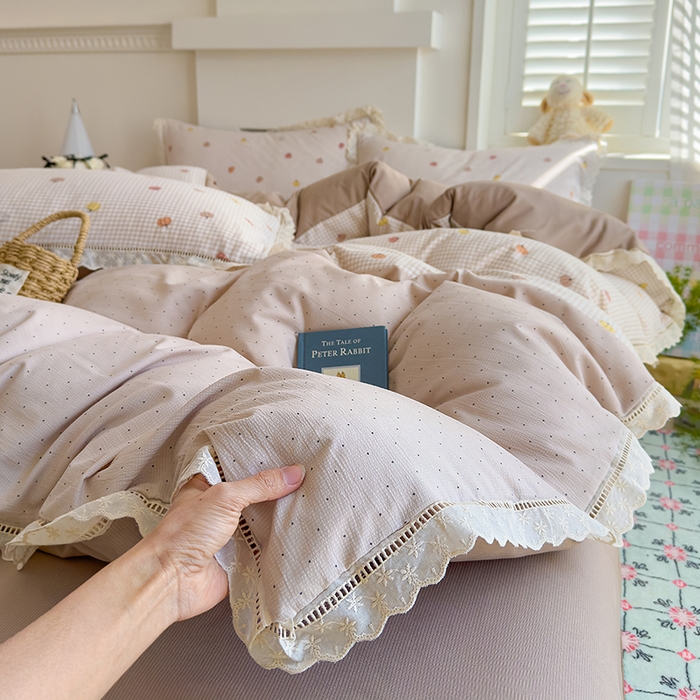 91家纺网 家纺一手货源 找家纺 竹合家纺 2025新款春日碎花法式镂空花边款式提花皱皱四件套 法式-小南瓜卡其