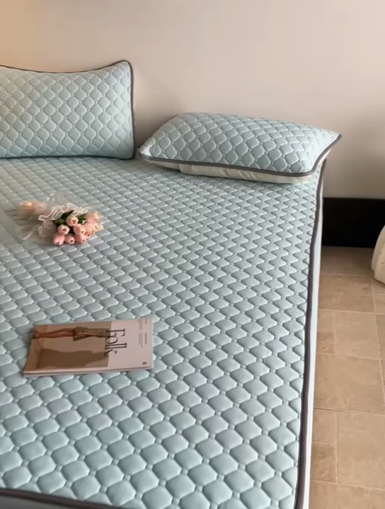 91家纺网 家纺一手货源 找家纺 欧邦2025新款纯色加厚乳胶床笠三件套 方格-湖蓝