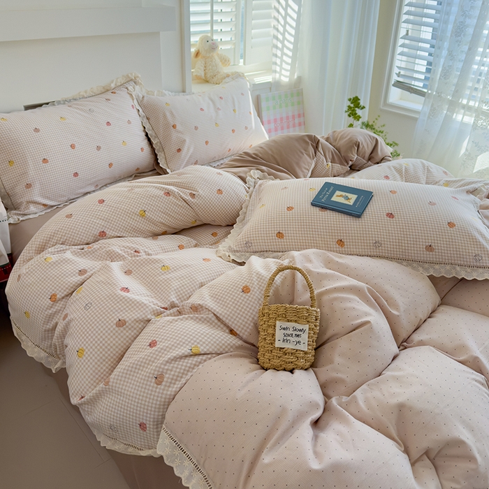 91家纺网 家纺一手货源 找家纺 竹合家纺 2025新款春日碎花法式镂空花边款式提花皱皱四件套 法式-小南瓜卡其