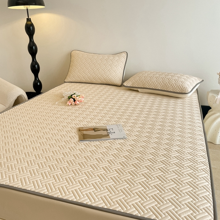 91家纺网 家纺一手货源 找家纺 欧邦2025新款纯色加厚乳胶床笠三件套 饼干花-米杏