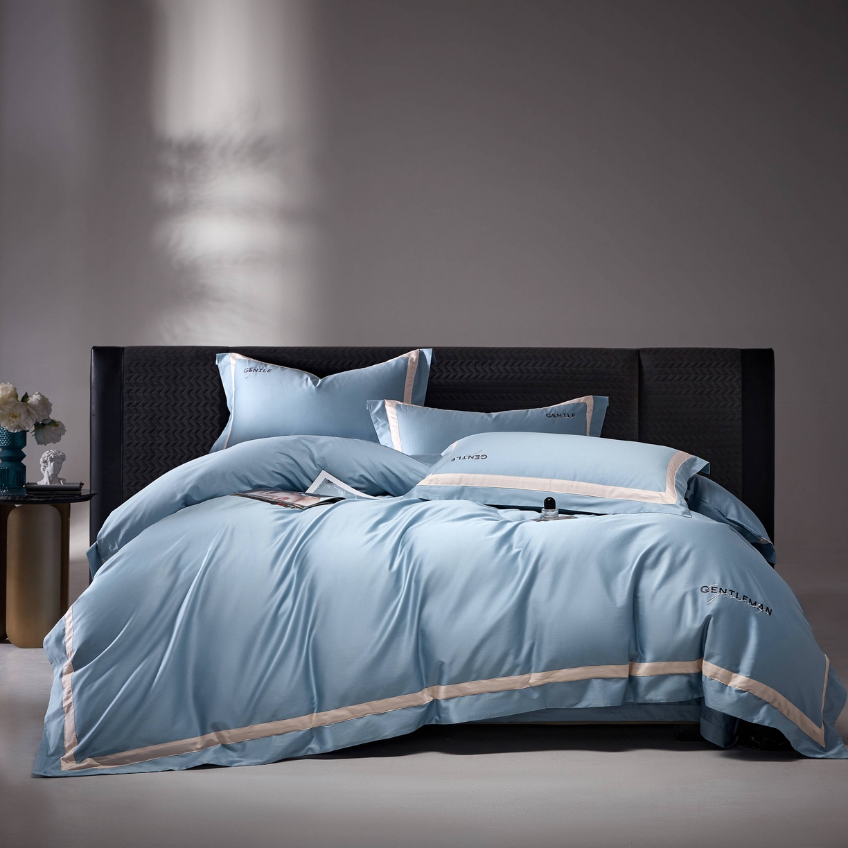 91家纺网 家纺一手货源 找家纺 佳汐蓝家纺 2025春夏新款新疆棉纯棉轻奢四件套（贴边款） 景澜蓝