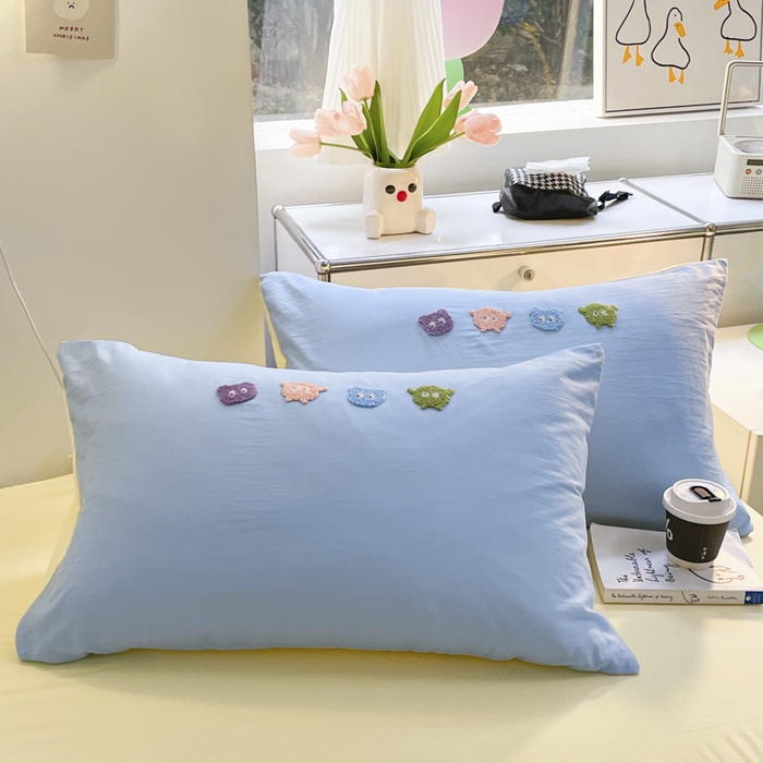 91家纺网 家纺一手货源 找家纺 优卡迪家纺馆 2025新款水洗棉毛巾绣四件套（下载文件夹包含买家秀） 开心怪兽-天蓝奶黄