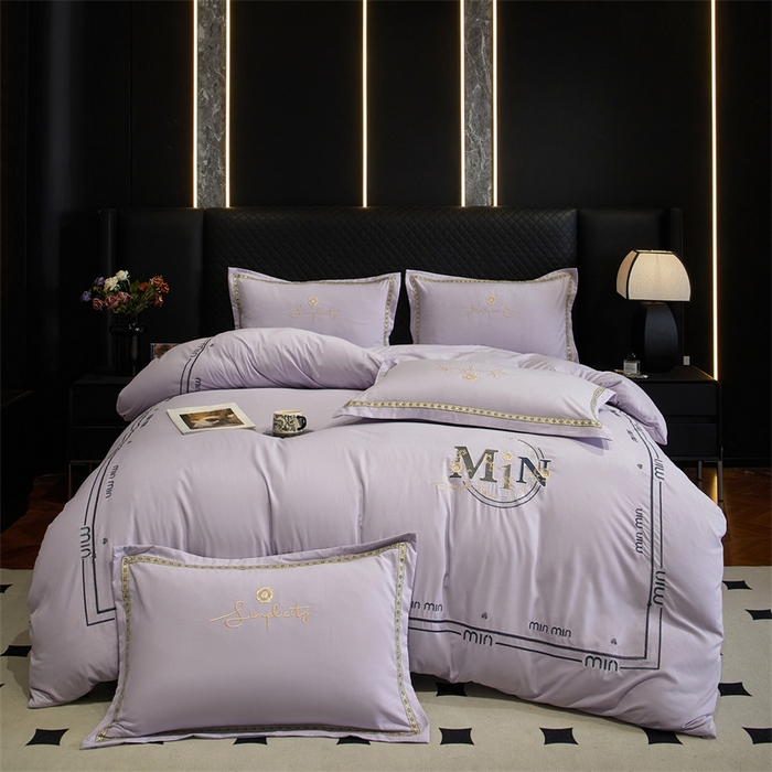 91家纺网 家纺一手货源 找家纺 佳宇轩 2025爆款水洗棉五彩刺绣四件套简约轻奢织带绣花床单床笠被罩4件套-简约时代 简约时代紫