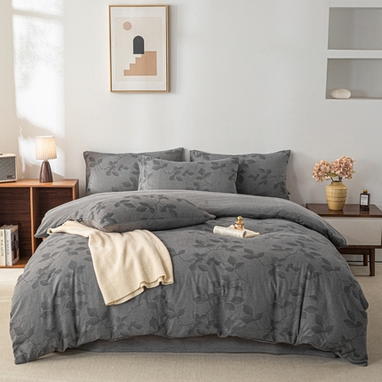 91家纺网 家纺一手货源 找家纺 2025新款A类全棉色织提花四件套-樱花叶 樱花叶-灰