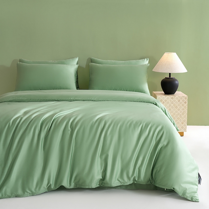 91家纺网 家纺一手货源 找家纺 闲鱼家纺 2025春夏新款小黑标60全棉纯棉四件套系列场景2 单被套被套单件 翠微绿