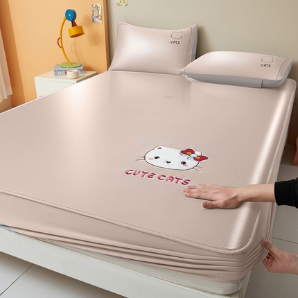 全季家居 2025新款5A抗菌碳光卡通贴布系列冰丝席 床笠款-胖脸猫咪-淡粉