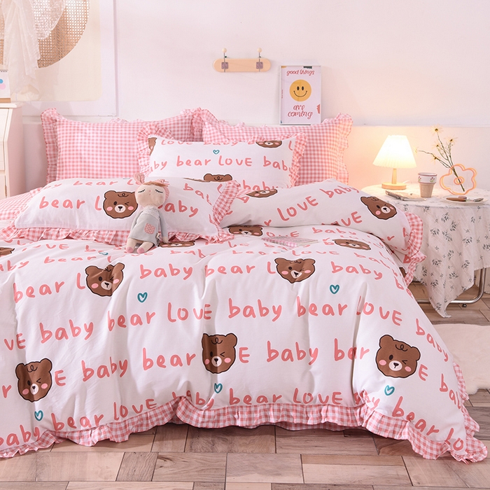 91家纺网 家纺一手货源 找家纺 2025新款公主风四件套全棉纯棉白花边被套床单款式三件套 熊宝宝