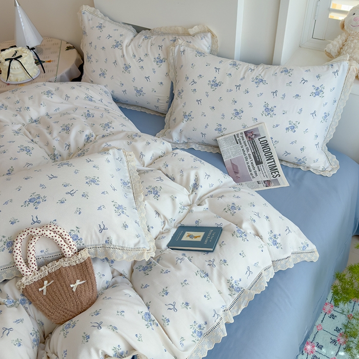 91家纺网 家纺一手货源 找家纺 竹合家纺 2025新款春日碎花法式镂空花边款式提花皱皱四件套 法式-晨曦