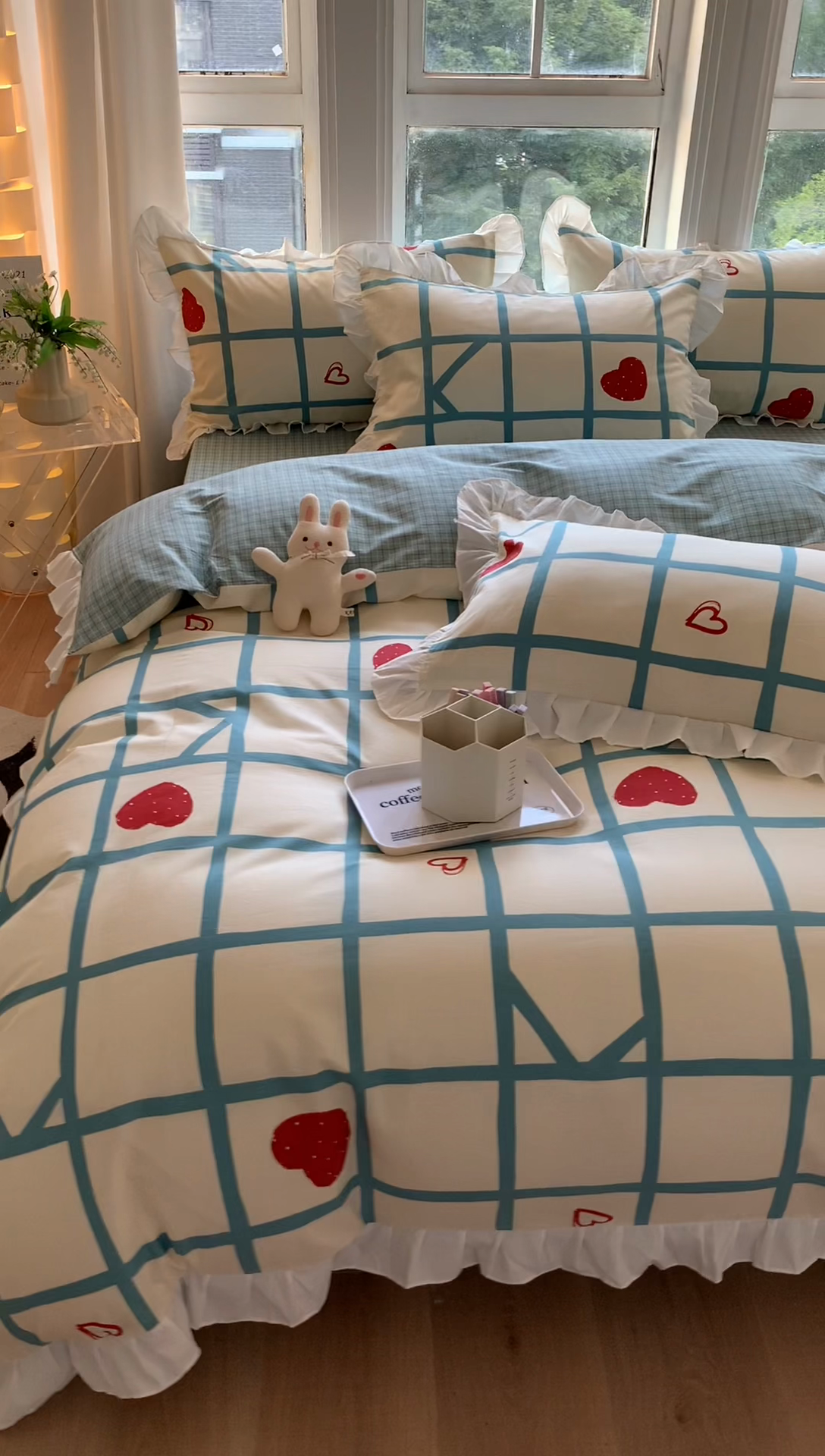 91家纺网 家纺一手货源 找家纺 2025新款公主风四件套全棉纯棉白花边被套床单款式三件套 心心格