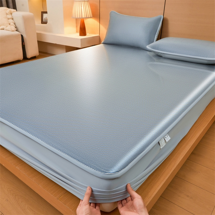 91家纺网 家纺一手货源 找家纺 2025夏季新品纯色冰藤床笠三件套凉感冰丝床笠席子单件床罩 冰藤床笠-暮云蓝