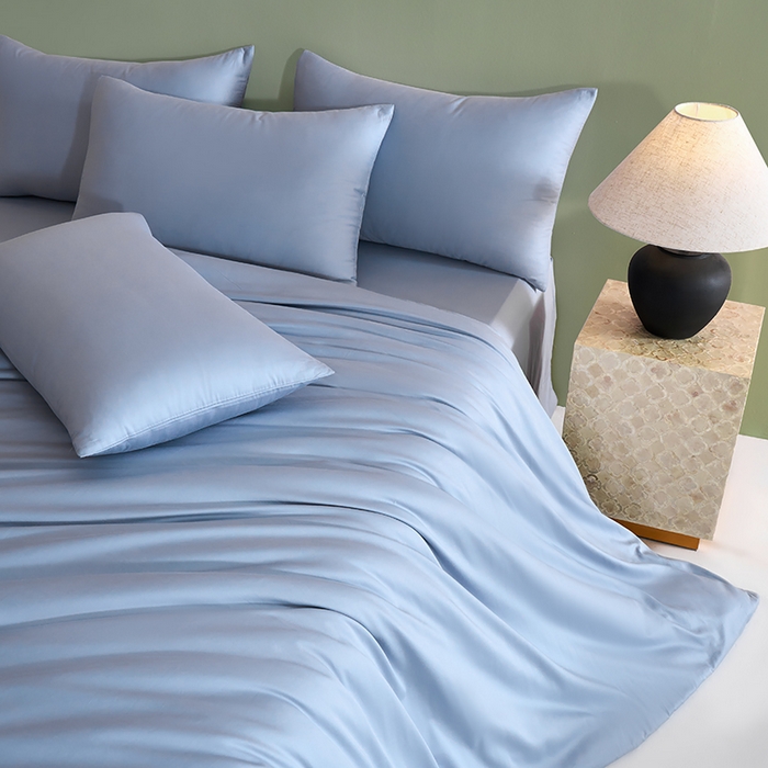 91家纺网 家纺一手货源 找家纺 闲鱼家纺 2025新款亲肤舒适60S黑标A类全棉纯色四件套单被套单床笠-风格一单被套单床笠-风格二 浅蓝灰