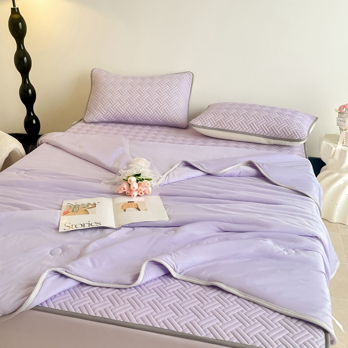 91家纺网 家纺一手货源 找家纺 欧邦2025新款纯色加厚乳胶床笠三件套 饼干花-浅紫