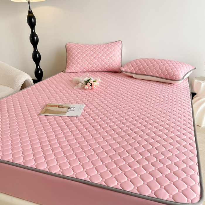 91家纺网 家纺一手货源 找家纺 欧邦2025新款纯色加厚乳胶床笠三件套 方格-豆粉