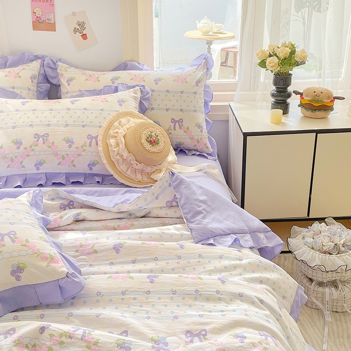 91家纺网 家纺一手货源 找家纺 佳一家纺 2025新款亲肤水洗棉夏被 蝴蝶结紫