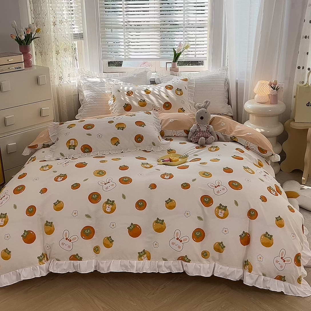 91家纺网 家纺一手货源 找家纺 2025新款公主风四件套全棉纯棉白花边被套床单款式三件套 喜事兔