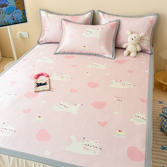 91家纺网 家纺一手货源 找家纺 懒猫家纺 2025春夏新款250D数码印花冰丝席凉席席子 慕斯小猫