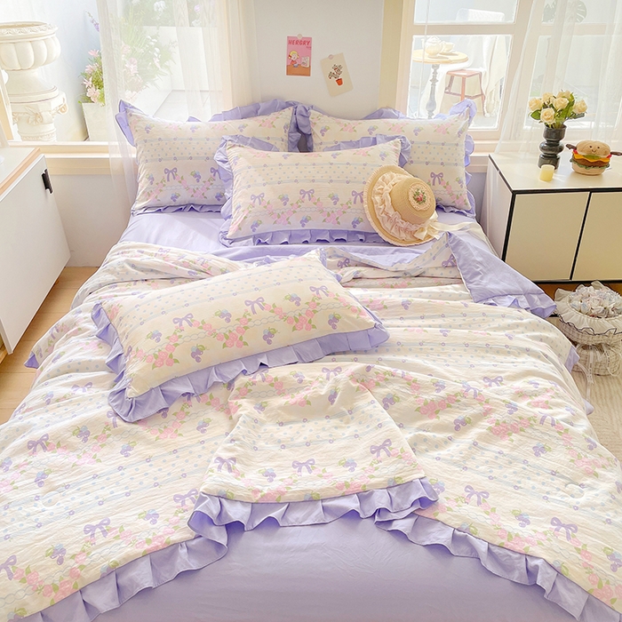 91家纺网 家纺一手货源 找家纺 佳一家纺 2025新款亲肤水洗棉夏被 蝴蝶结紫