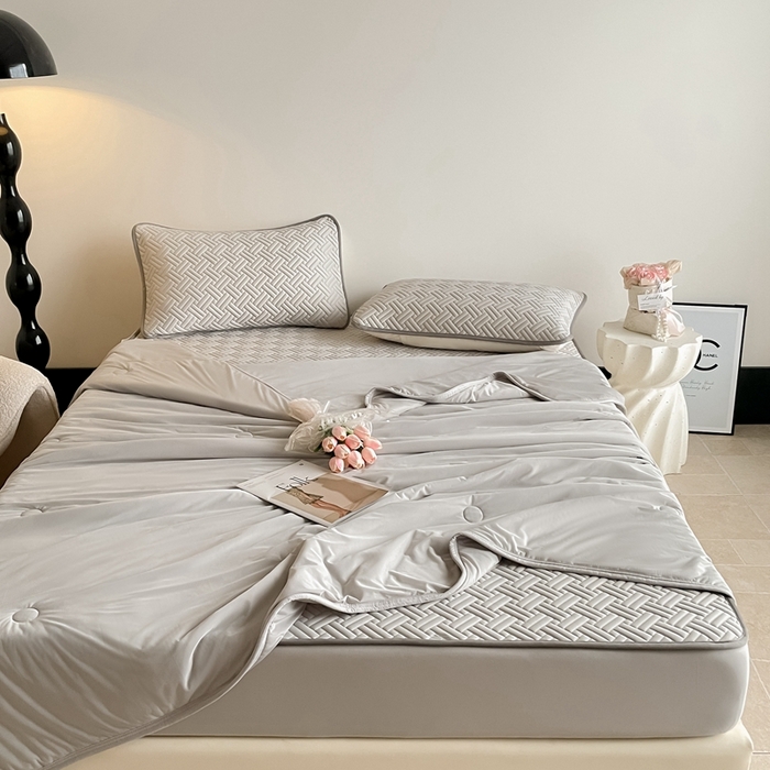 91家纺网 家纺一手货源 找家纺 欧邦2025新款纯色加厚乳胶床笠三件套 饼干花-浅灰