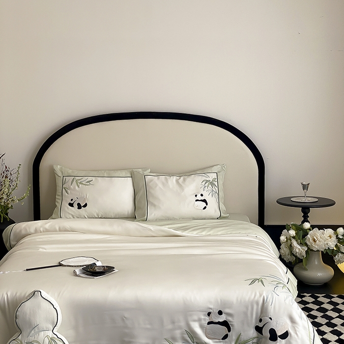 91家纺网 家纺一手货源 找家纺 MIU缪家居 2025新款60支兰精天丝四件套-熊猫与竹 熊猫与竹-爽白