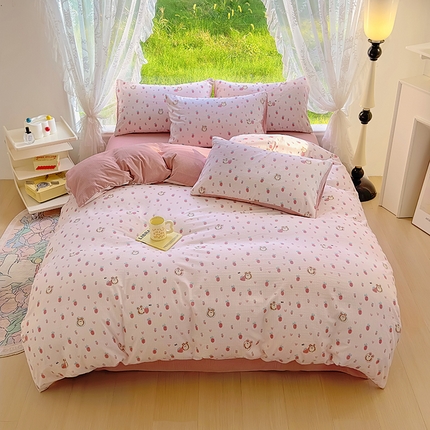 仟网汇 2025新款亲肤舒适提花小竺棉彩竹棉彩竺棉系列四件套 彩竺棉-草莓熊熊