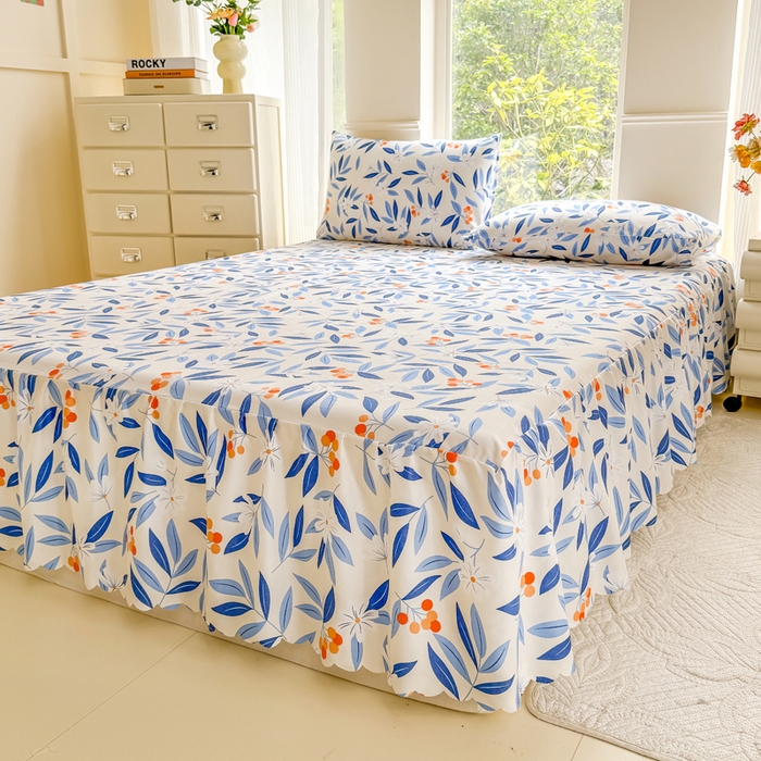 91家纺网 家纺一手货源 找家纺 莎臣豹 2025新款植物羊绒单品单件单床裙可配床裙三件套 蓝橙叶语