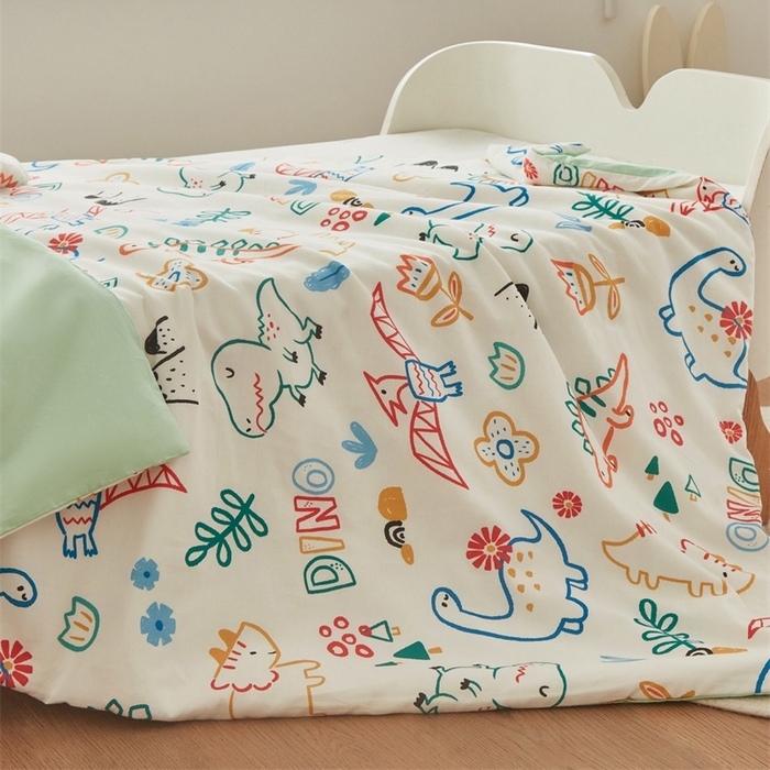 91家纺网 家纺一手货源 找家纺 艾佳宝贝 2025新款A类儿童全棉多功能单被套可拆式夏被 好多恐龙
