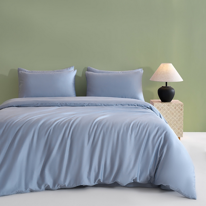 91家纺网 家纺一手货源 找家纺 闲鱼家纺 2025新款亲肤舒适60S黑标A类全棉纯色四件套单被套单床笠-风格一单被套单床笠-风格二 浅蓝灰