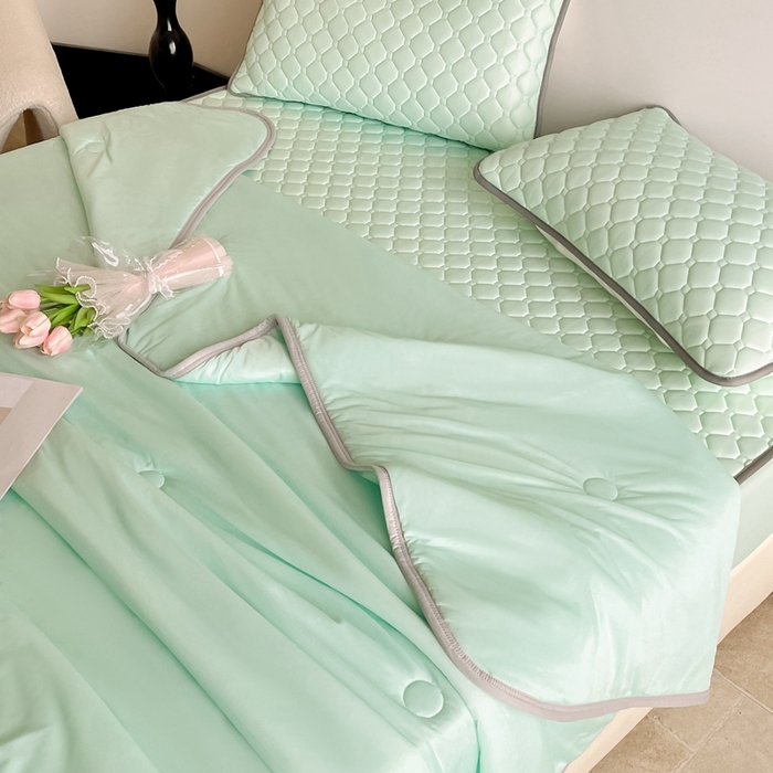 91家纺网 家纺一手货源 找家纺 欧邦2025新款纯色加厚乳胶床笠三件套 方格-水绿
