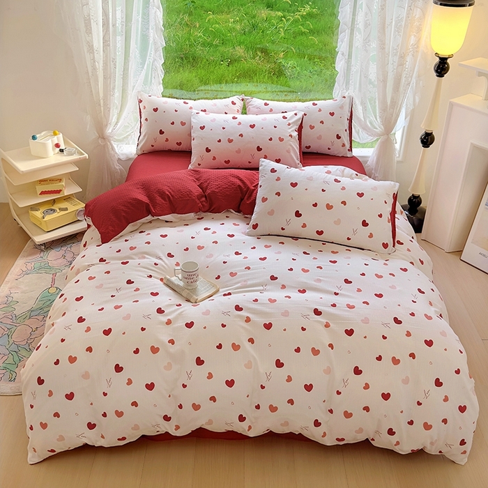 91家纺网 家纺一手货源 找家纺 仟网汇 2025新款亲肤舒适提花小竺棉彩竹棉彩竺棉系列四件套 彩竺棉-红爱心