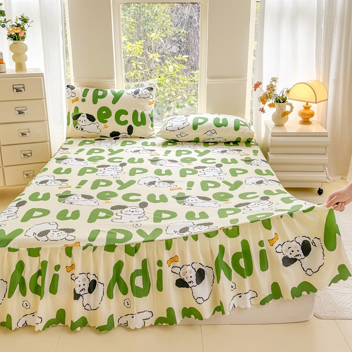 91家纺网 家纺一手货源 找家纺 莎臣豹 2025新款植物羊绒单品单件单床裙可配床裙三件套 快乐萌犬