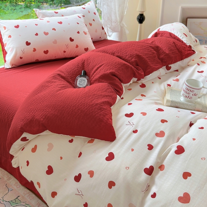 91家纺网 家纺一手货源 找家纺 仟网汇 2025新款亲肤舒适提花小竺棉彩竹棉彩竺棉系列四件套 彩竺棉-红爱心