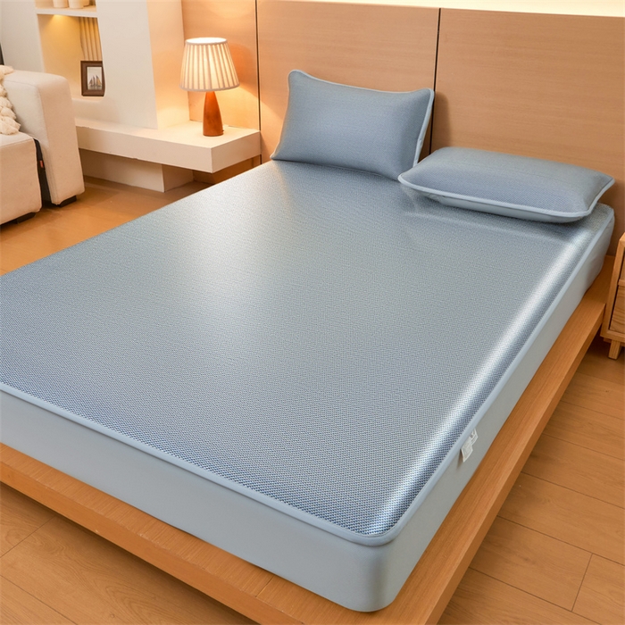 91家纺网 家纺一手货源 找家纺 2025夏季新品纯色冰藤床笠三件套凉感冰丝床笠席子单件床罩 冰藤床笠-暮云蓝