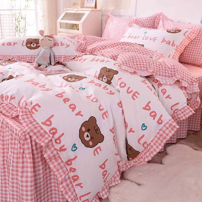 91家纺网 家纺一手货源 找家纺 2025新款公主风四件套全棉纯棉白花边被套床单款式三件套 熊宝宝