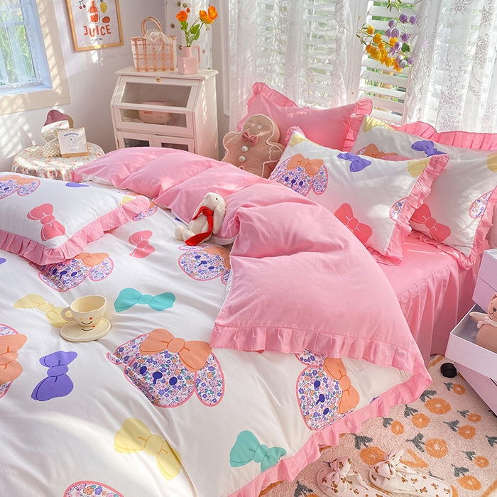 91家纺网 家纺一手货源 找家纺 2025新款公主风四件套全棉纯棉白花边被套床单款式三件套 蝴蝶结