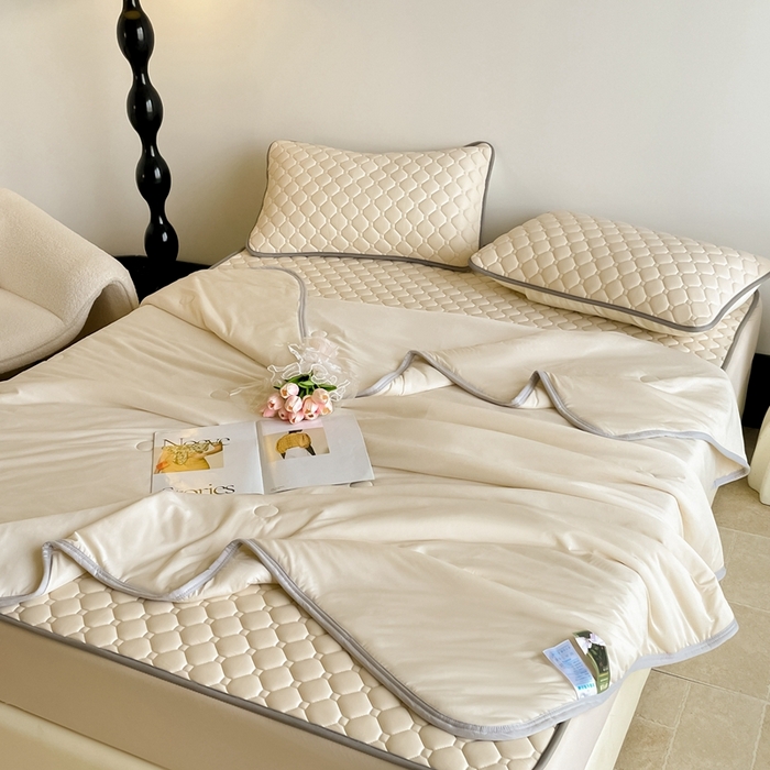 91家纺网 家纺一手货源 找家纺 欧邦2025新款纯色加厚乳胶床笠三件套 方格-米杏