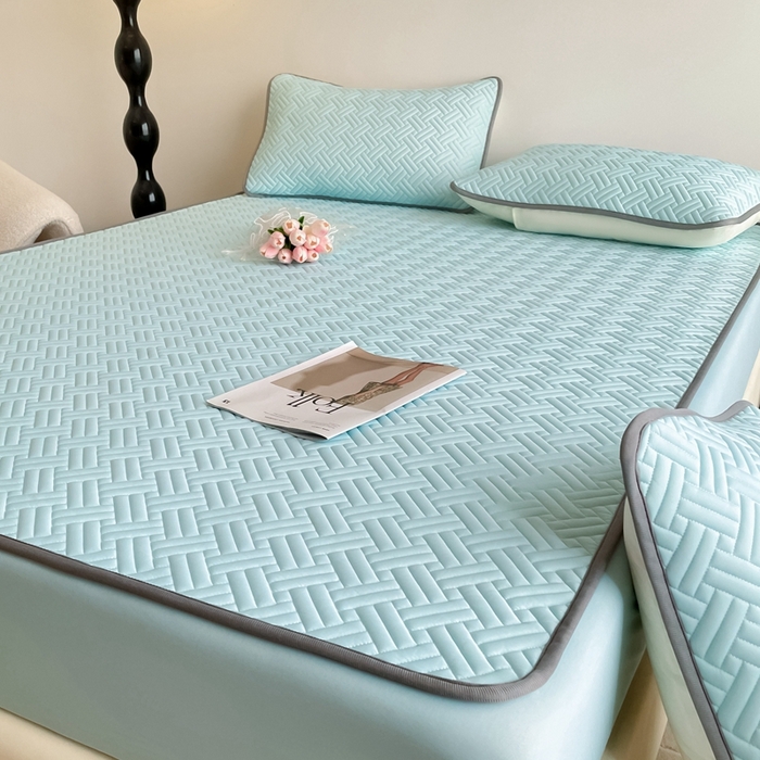 91家纺网 家纺一手货源 找家纺 欧邦2025新款纯色加厚乳胶床笠三件套 饼干花-湖蓝