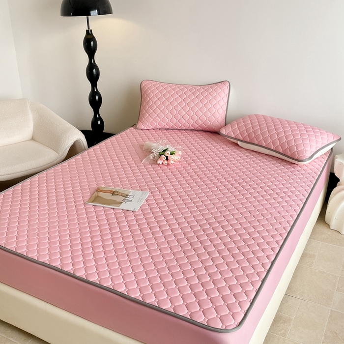 91家纺网 家纺一手货源 找家纺 欧邦2025新款纯色加厚乳胶床笠三件套 方格-豆粉