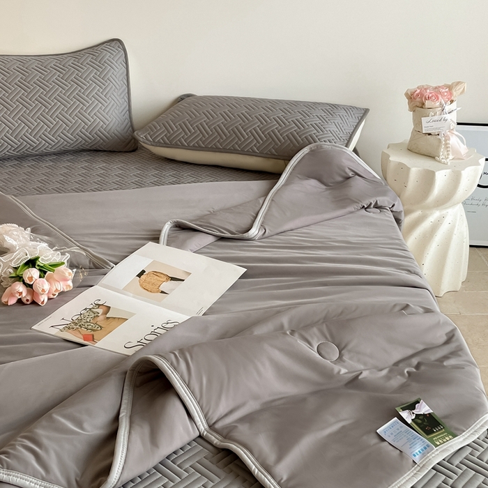 91家纺网 家纺一手货源 找家纺 欧邦2025新款纯色加厚乳胶床笠三件套 饼干花-深灰