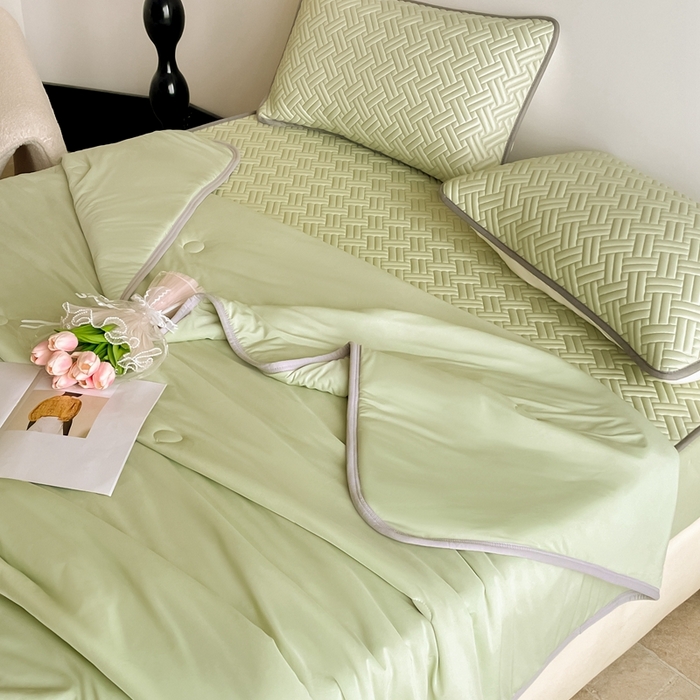 91家纺网 家纺一手货源 找家纺 欧邦2025新款纯色加厚乳胶床笠三件套 饼干花-果绿